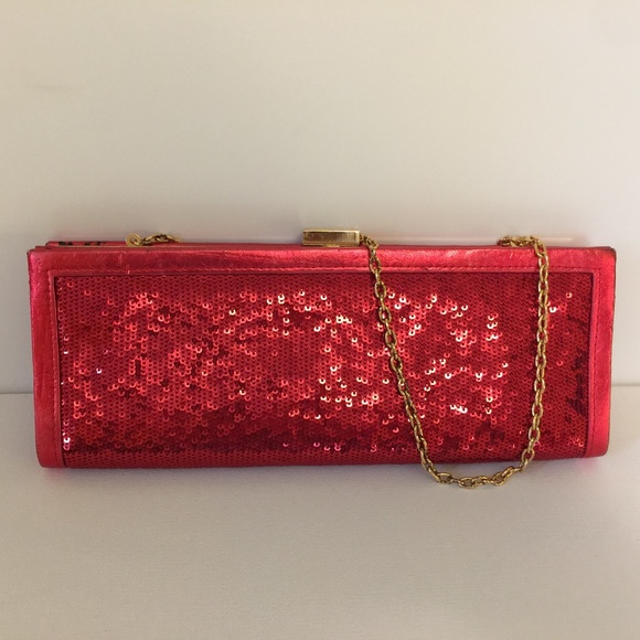 Scarlet Red Evening Party Sequins Clutch Gold Chain - Picture 3 of 9